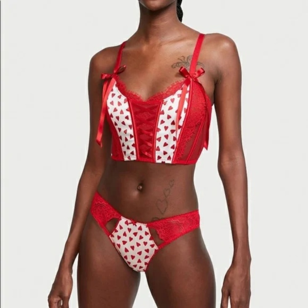 Victoria's Secret Red and White Heart Lace Bra Top Set